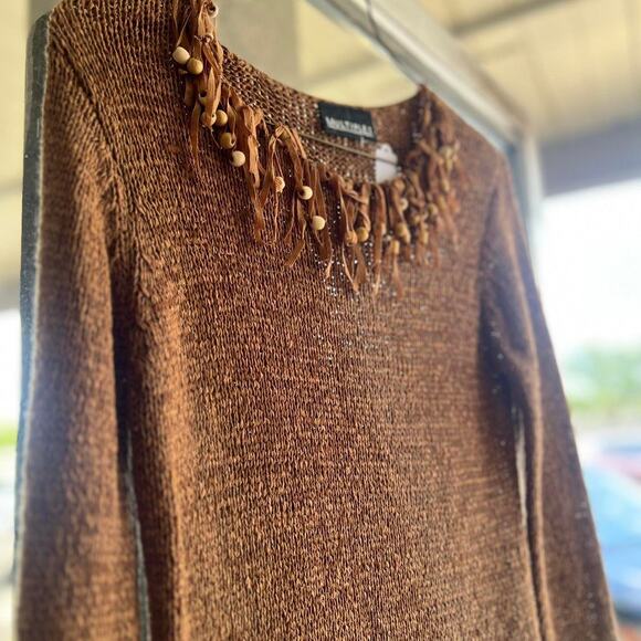1990s brown knit fringe sweater size M - Picture 3 of 4